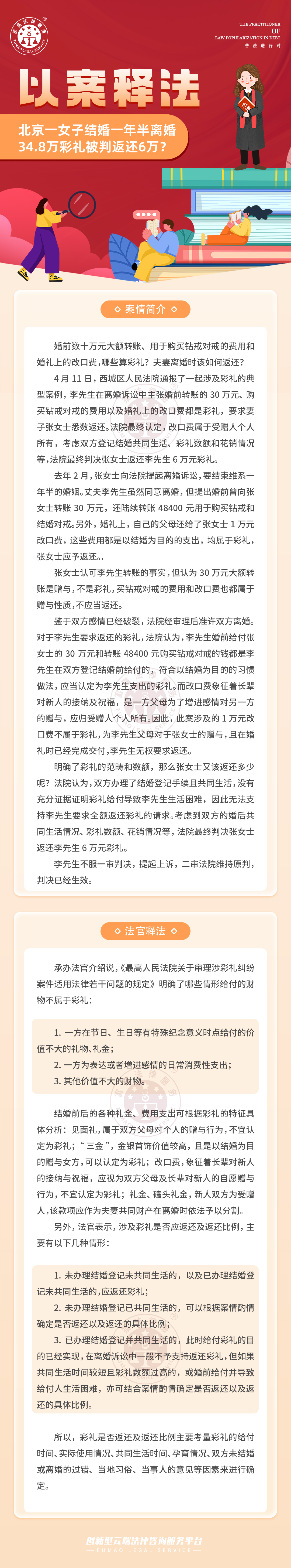富猫法务：离婚半年34.8万彩礼被判返还6万？